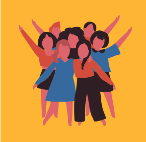 A decorative graphic of seven cartoon people standing together with their hands up on a yellow background. 