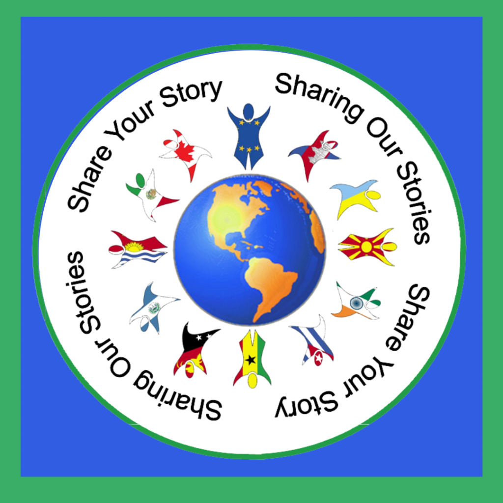 A graphic with an image of the world surrounded by cartoon people filled in with the designs of various flags. Wrapped around the graphic is the text Share Your Story Sharing Our Stories, which is repeated twice.