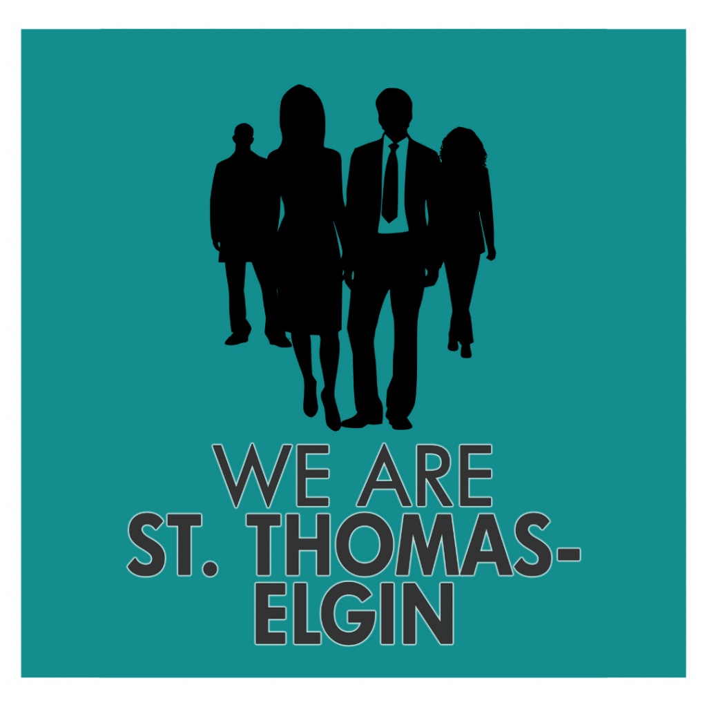 A graphic with four black silhouettes on a turquoise background. The text reads We Are St. Thomas-Elgin. 