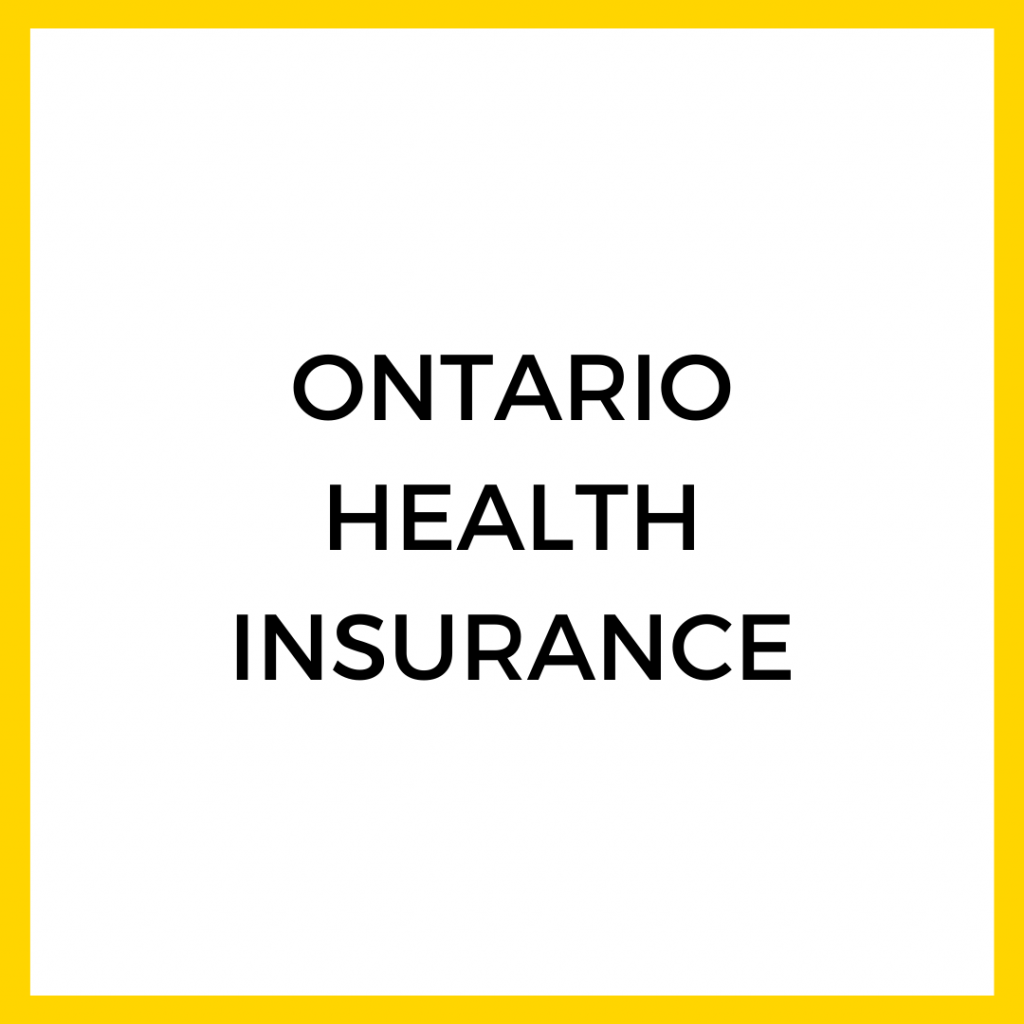 A square graphic with a yellow outline that says Ontario Health Insurance. 