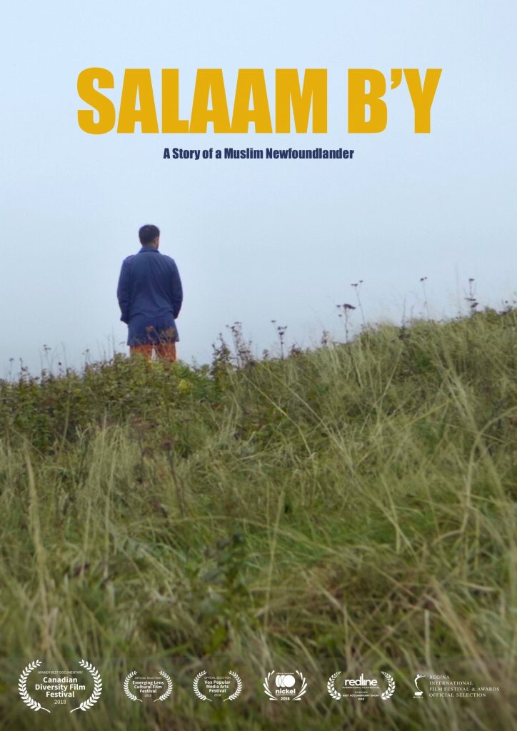 The poster for the Salaam B'y film, which has a photograph of Aatif Baskanderi standing with his back the camera, looking over the edge of a grassy cliff. 