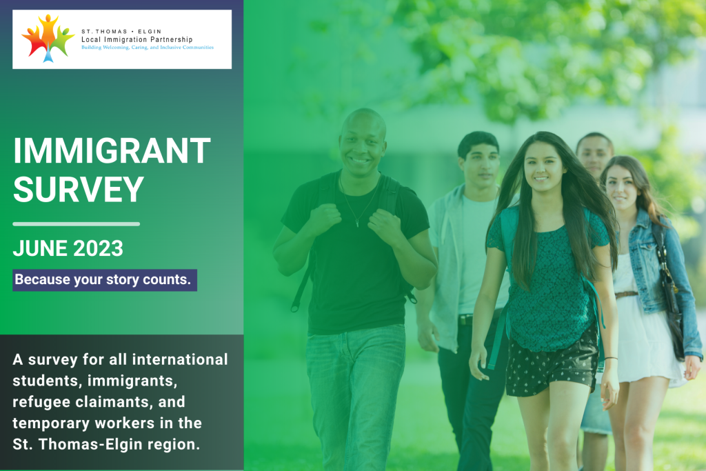 A graphic with a group of young adults on the left, and text on the right that reads, 'Immigrant Survey. June 2023. Because your story counts. A Survey for all international students, immigrants, refugee claimants, and temporary workers in the St. Thomas-Elgin region.' There is a faded green colour over the graphic. At the top is the STELIP logo